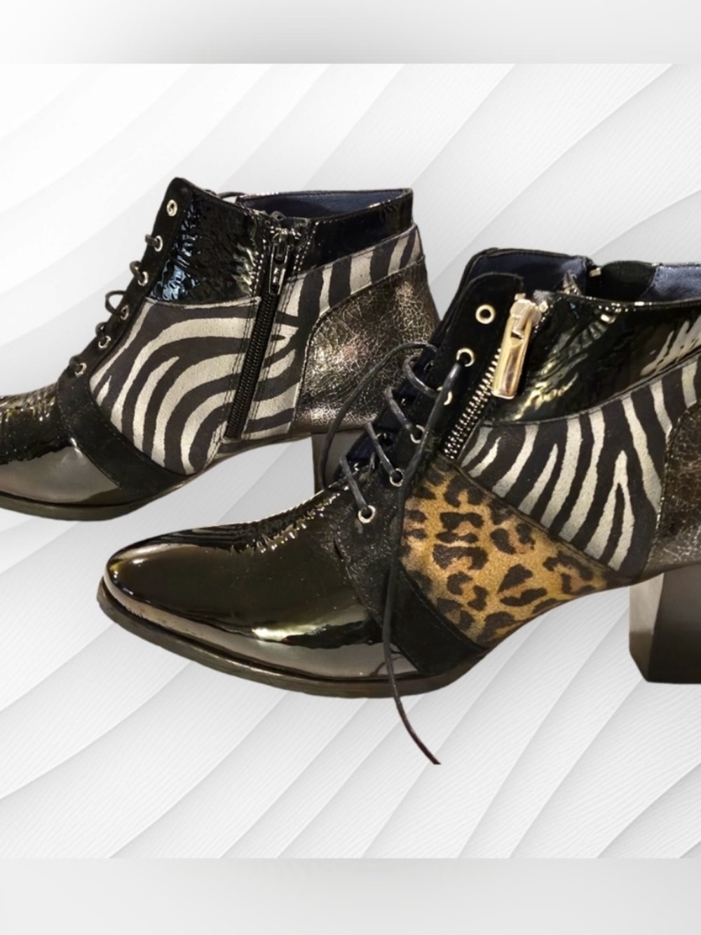 Patent Leather with Mixed Animal Print Ankle Booties